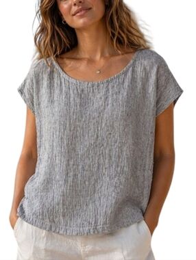 Tahari Linen Boho Button Back Minimalist Boxy gray Blouse Top size M